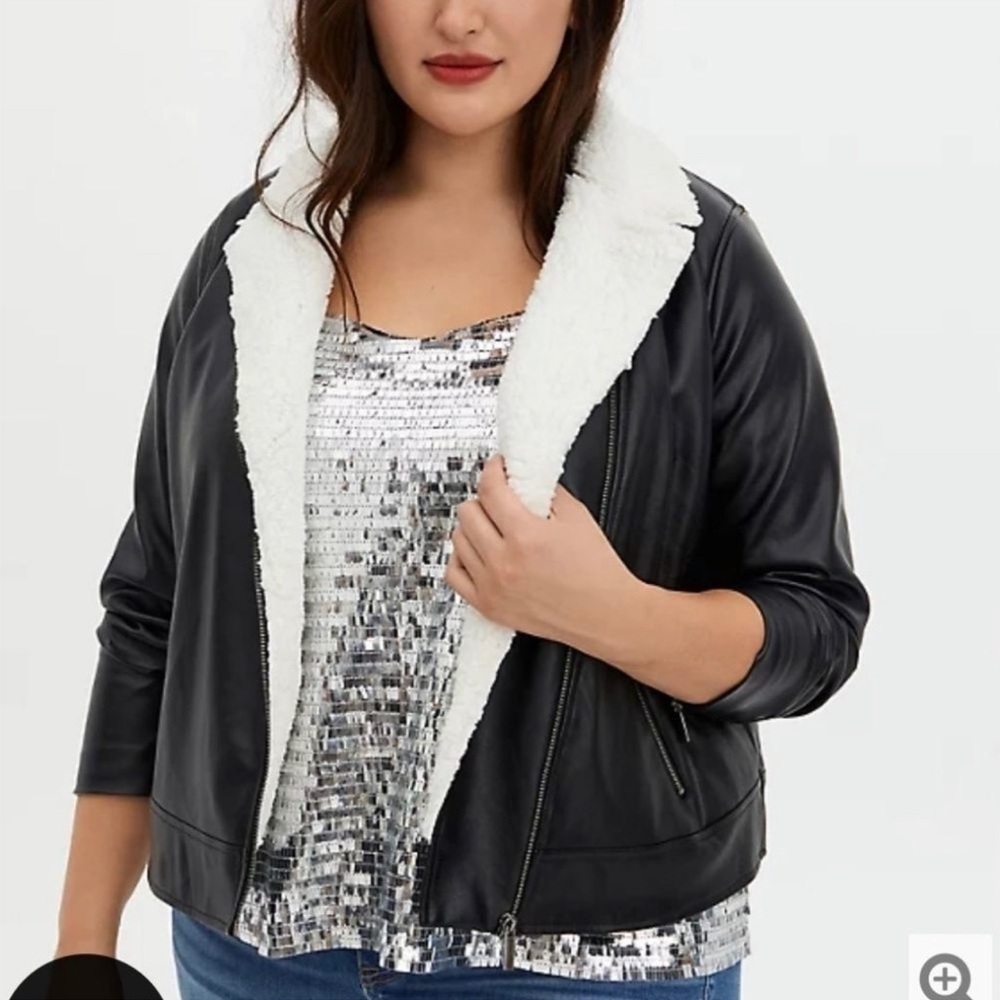 Torrid Black Faux Leather Jacket with White Sherpa Lining